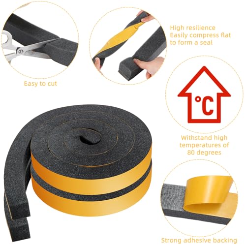 Image of 4 Rolls 1-1 /2 Inch W x 1-1 /2 Inch H Foam Weather Stripping with Adhesive 8 ft Foam Density Closed Cell Tape Seal for Uneven Gaps Doors Windows (Black)