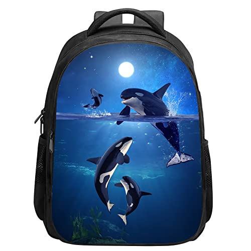 SARA NELL Kids Whale Backpack Orcas Killer Whale in Galaxy Moon Light School Bookbag for Boys Girls, Kindergarten Elementary School Backpack, Premium Book Bag with 2 Main Compartment, 15.7 Inches