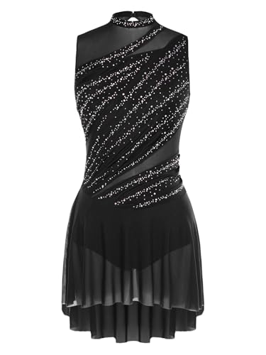 Winnrchan Lyrical Dance Costume for Women Rhinestone Figure Skating Dresses Sleeveless Ballet Dancewear Black Small