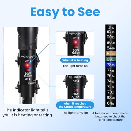 AQUANEAT Aquarium Heater, 50W Fish Tank Heater, Adjustable Submersible Water Thermostat with Thermometer - Thumbnail 4