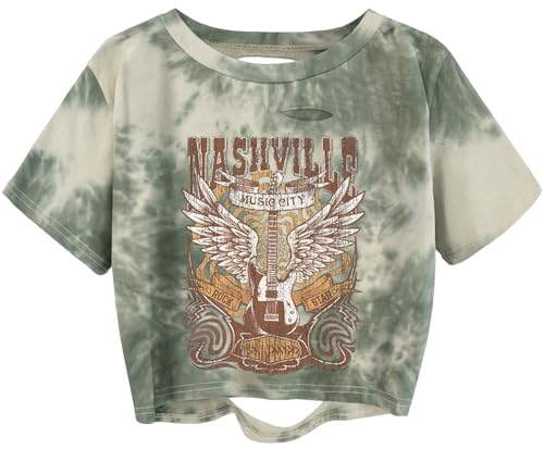 Women's Nashville Music City Distressed Shirt Rock Band Vintage Guitar Wings Graphic Crop Tee Country Music Concert Short Sleeve Tops(XS,02Tie Dye)