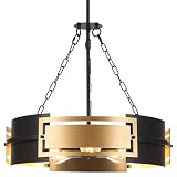 5Lights Pendant Lights Metal Black and Gold, Height Adjustable, Industrial Chandelier Unique Drum Modern Hanging Island Lights Fixture for Dining Living Room Bedroom E26