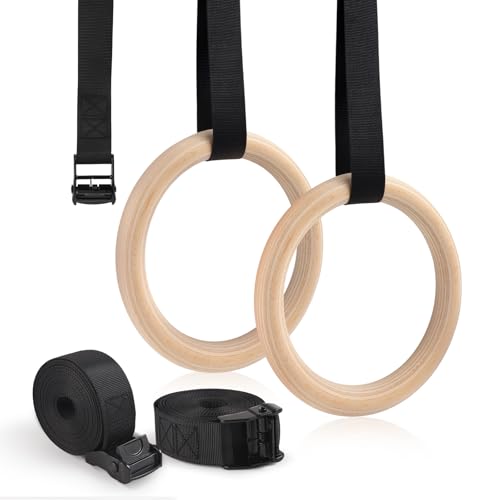 Anillos de Gimnasia de Madera con Correas Hebillas Ajustable, Anillos de Fitness, de Madera, Entrenamiento para Gimnasia en Casa, Levantamientos Musculares y Entrenamiento de Fuerza