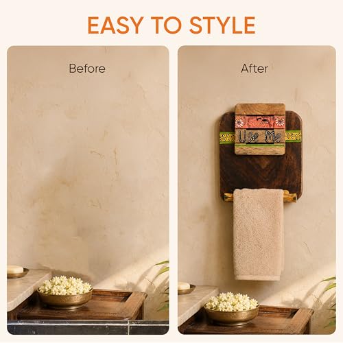 Image of Aakriti Art Creations Madhubani Art Wooden Towel Holder | Handcrafted Wooden | Matte Finish Natural Brown Wall Mounted Towel Holder for Bath & Wash Area