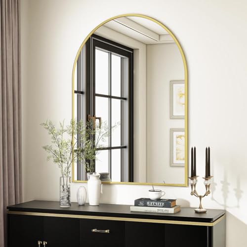 Image of VooBang Arched Wall Mirror, 30 x 38 inch Arch Bathroom Mirror, Wall Mounted Vanity Mirror with Arch Metal Frame, Modern Bathroom Vanity Mirror for Bedroom, Living Room, Hanging or Leaning, Gold