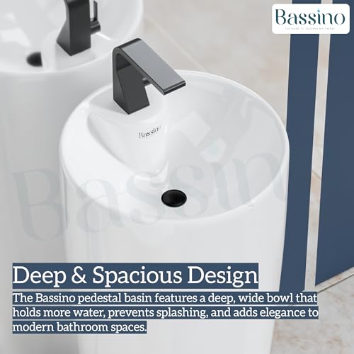 Image of BASSINO 15x15x34 Inches Ceramic Pedestal Wash Basin /7 Years Warranty /One Piece Free Standing Basin For Bathroom /Living Room /Salons /Round Modern Sink For Hotel /Floor Mounted Washbasin(White Glossy)