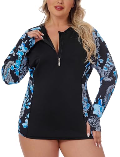 LURANEE Long Sleeve Swimsuits for Women,Swim Shirts for Ladies Long Sleeve Surfing Rash Guard Swimsuit Tropical Tummy Control Bathing Suit Top Athletic Swimwear Blue Paisley 2XL