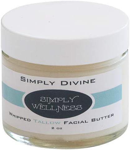 Simply Divine Rejuvenating Whipped Tallow Facial Butter w/CoQ10 (2 oz glass jar) Anti-aging - for Dry Irritated Skin, Itch Relief, Rosacea, Eczema, Dermatitis, and more.