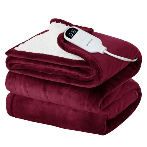 Image of Bedsure Heated Blanket Throw XL, Electric Blanket with Preheat, Burgundy