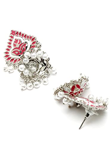 Image of Karatcart Silver Tone Diamond Shape Pink and Blue Carved Stone Studded Drop Earrings for Women