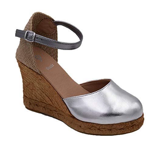 PASARELA - Sandalias Cuña Esparto Plata Metal Mujer 723 Mujer Color: Plata...