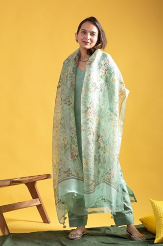 Image of Yashika Women Viscose Chanderi Fabric Straight Kurta, Pant and Dupatta Set | Kurta Set for Women