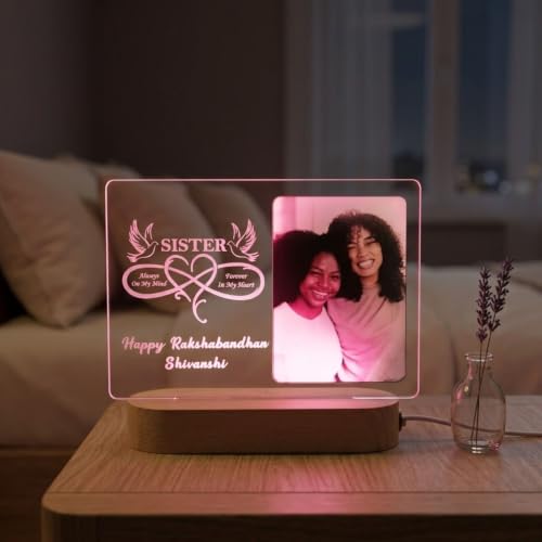 Image of Personalized Sister Raksha Bandhan LED Table Lamp - Custom Photo Multicolor Acrylic Night Light with Quote - Gift for Sister from Brother