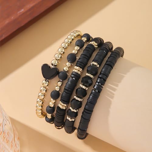 Bohemia Multilayer Heart Clay Stackable Bracelets Set Colorful Surfer Heishi Clay Gold Beaded Stretch Bracelets for Women Men Summer Beach Boho Vacation Jewelry Gifts3