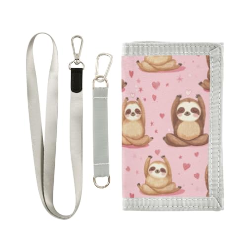 Wusikd Sloths Doing Yoga Kids Wallet for Boys Girls Pink Hearts Toddler Trifold Wallet Novelty Wallet for Teens Women Men