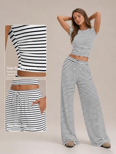 Image of Trendy Queen 2 Piece Matching Summer Lounge Set Womens Side Ruching Top Wide Leg Pants Sets with Pockets