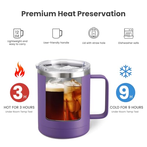 Image of MEWAY 12oz Coffee Mug With Handle and Sliding Lid,Stainless Steel Travel Tumbler Cup with Handle,Double Wall Vacuum Insulated Camping Cup for Hot & Cold Drinks Tea (Purple,Set of 1)