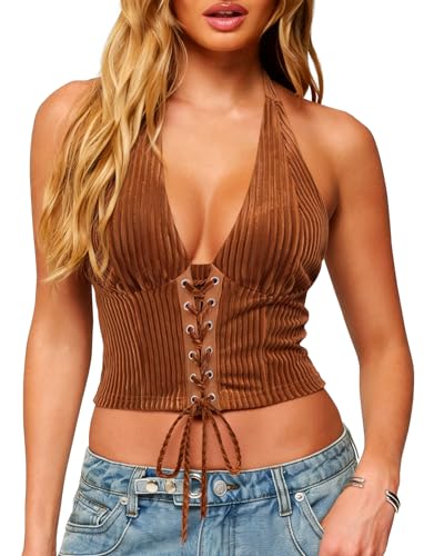 TZLDN Korsett Oberteil Damen Sexy Cord Neckholder Top Rückenfreies Crop Top Y2K Style Vintage Oberteil für Party Club Rave Brauner M