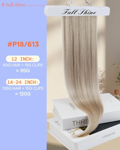 Image of Full Shine Clip in Human Hair Extensions, Ash Blonde Highlight | Real Hair Clip in Extensions, Blonde Remy Hair Extensions, Double Weft, for Fine Thinning Hair, 24 Inch 7 Pcs 120g