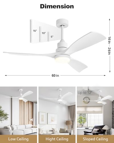 Image of 60 Inch Ceiling Fans with Lights and Remote, 3 Blades White Fans High CFM