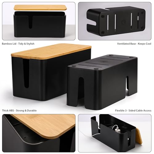 Image of ZhiYo Large Cable Management Box, Thick ABS Power Strip Organizer, Black | Extra-Tall Design for Oversized Adapters, Natural Bamboo Lid, Fits Power Strips Up to 12.5 inch Long, Ideal for Desks, TV Areas