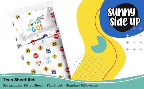 Image of Sunny Side Up On The Go Twin Sheet Set - 3 Piece Kids Bedding Set Includes Pillow Cover - Super Soft Vehicles Microfiber Sheets