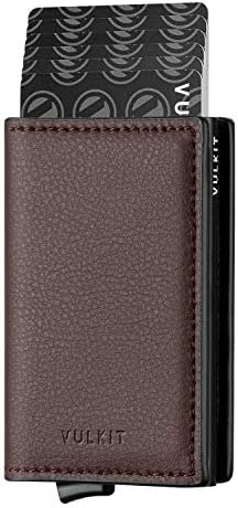 VULKIT Credit Card Holder RFID Blocking Leather Automatic Pop Up Wallet Aluminum Slim Pocket Bifold Business Card Case, Dark Brown, Small