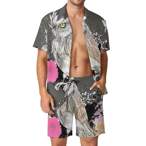 Ensemble chemise short et pantalon de plage Fleur Hibou pour hommes taille S