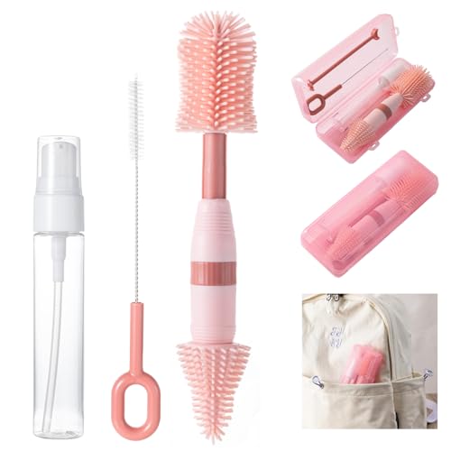 Image of Travel Bottle Brush, 6-in-1 Portable Travel Bottle Cleaner Kit with Small Bottle Brush Built in Drying Rack, Nipple Brush, Straw Brush, Soap Dispenser, for Baby Bottles Under 8 OZ, BPA-Free(Pink)