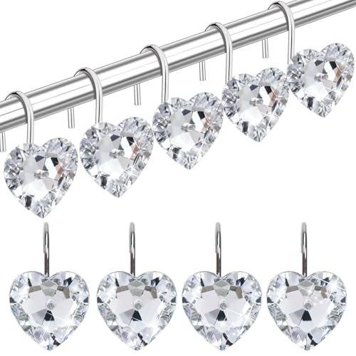 TOAOB 12 Sets Shower Curtain Hooks Rings Heart Clear Acrylic Crystal Diamonds Decorative Shower Curtain Hooks Rust Proof Stainless Steel Showe Rod Hangers Shower Rings for Bathroom