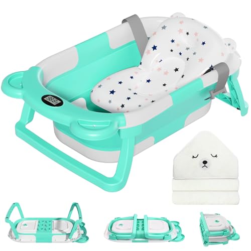 Image of MoreFeel Collapsible Baby Bathtub for Newborn with Thermometer & 1 Hooded Towel & 1 Soft Floating Cushion,Portable Travel Bathtub with Drain Hole, Durable Foldable Baby Tubs for Infants to Toddler