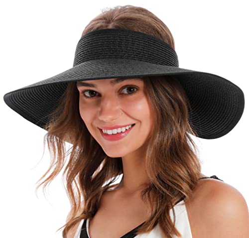 Black Sun Hat Womens Straw Hat Visor Women Sun Hat Visor Beach Hat for Women Foldable Straw Hats for Women Packable Visor Hats for Women, Black Visor