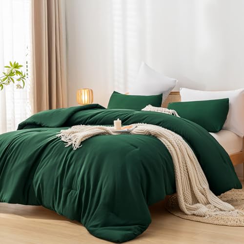 Image of weigelia Queen Comforter Set Boho Emerald Green Comforter with 2Pillowcases Soft Microfiber Dark Green 3 Piece Bedding Comforter Set for All Season