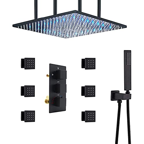 Get Discount Offer HOMEDEC Thermostatic LED Shower head with Body Sprays Bathroom Shower System with Hand Shower, Square Fixed Shower Head Color Changing with Water Temperature (20inch, Matte Black)