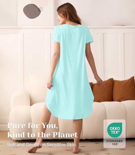 Image of NACHILA Nightgowns for Women-Viscose Made from Bamboo, V Neck Sleepshirts Short Sleeve Sleepwear Cool Nightshirt
