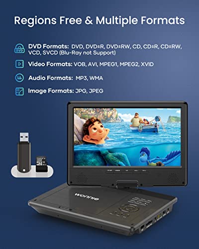 Wonnie 12.5" Portable Dvd Player With 10.5" Swivel Hd Screen,With Car Headrest Case,5-Hour Built-In Rechargeable Battery,Car Charger & Ac Adapter, Supports Usb/Sd Card/Sync Tv, Regions Free #TOP2
