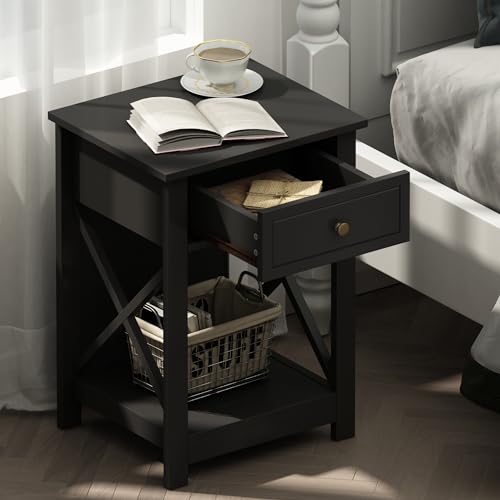 Treocho Black Nightstand with Drawer, Modern X-Design Night Stand, Bedside
