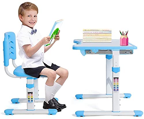 Kids Desk and Chair Set Kids Desk Table and Chair Set Adjustable Height Childs Study Desks School Student Writing Tables W/Pull Out Drawer Storage,Pencil Case,Bookstand,Blue