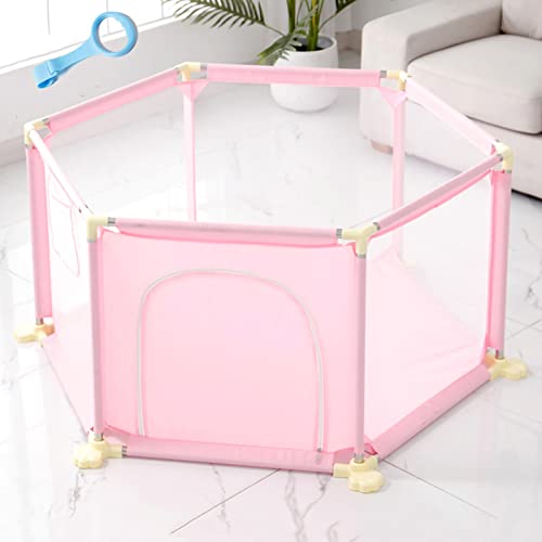 Baby Playpen Green/Pink/Grey,Hexagonal Baby Fence,Indoor Outdoor Kids Activity Center Safety Playard,Crawling Playpen,with Breathable Net,Zipper Door and Anti-Slip Base,Pink-125×65×65cm