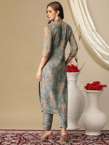 Image of GoSriKi Women's Cotton Blend Straight Printed Kurta with Pant (Feni Grey-NW-GS