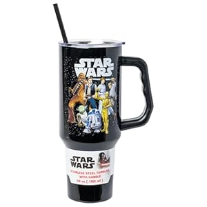 Silver Buffalo Star Wars Featuring Chewbacca, Yoda, R2-D2, C-3PO, Princess Leia, Han Solo, and Luke Skywalker Stainless Steel Tumbler with Handle and Straw, Fits in Standard Cup Holder, 40 Ounces