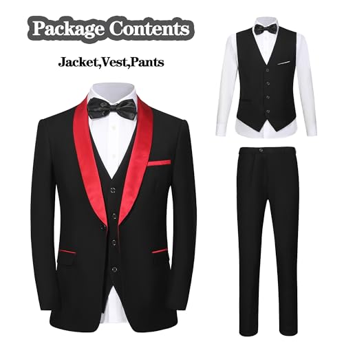 Beauty-Emily Men 3 Piece Slim Fit Suit Set One Button Solid Jacket Vest Pants Black Red XL4