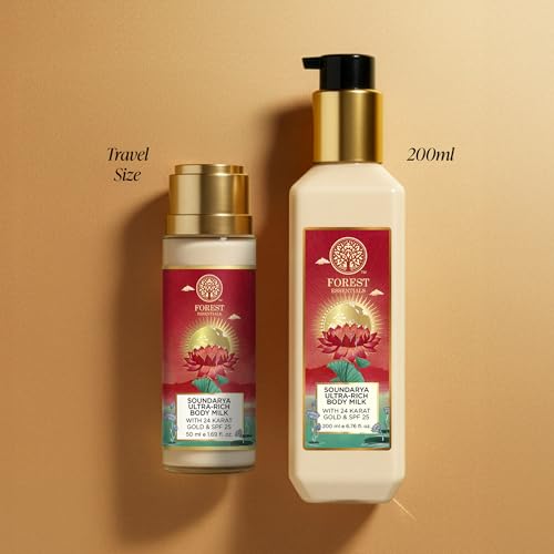Image of Forest Essentials Travel Size Ultra Rich Body Milk Soundarya With 24K Gold & SPF25 | Ayurvedic Body Lotion with SPF | Tan Removal Natural Body Moisturizer, UVA & UVB Protection, Paraben Free | 50 ml