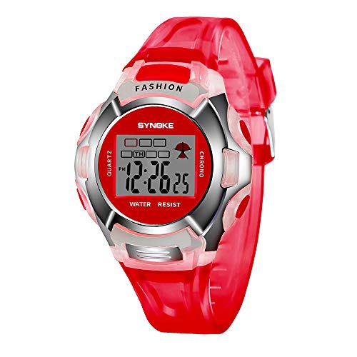 子供男の子学生防水スポーツウォッチLEDデジタル日付腕時計 夜警 (Red, One Size)
