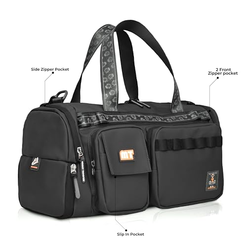 Image of MONKEY TROOPERS Spidey Lux Black Gym Duffle Bag for Men & Women, 30.4L | Water-Resistant Reverse Polyester, Shoe Compartment, Bottle Slot, Organiser Pockets, Luggage Strap, Gym, Sports & Short Trips
