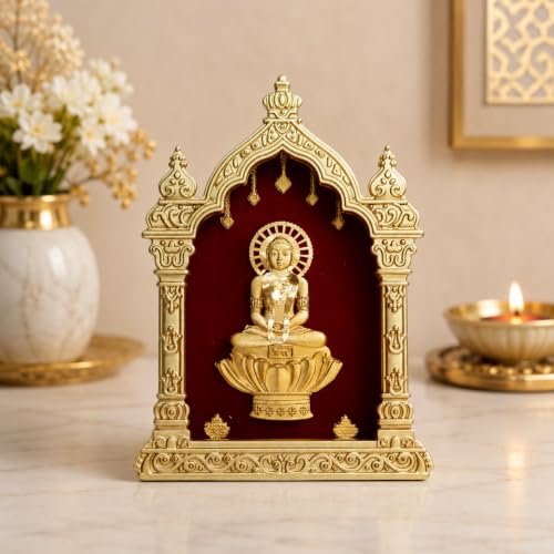 Image of Mahavir Ji Eka Temple Series Table Top 24KT Gold Foil Artwork | Premium Jain Spiritual Decor for Home Temple & Office | 8.5 x 11.5 cm