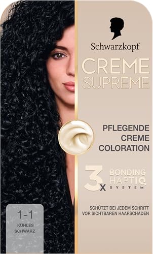 Schwarzkopf Creme Supreme Pflegende Creme Coloration 1-1 Kühles Schwarz intensive Haarfarbe mit 3x Bonding HaptIQ System Colorationscreme mit 100% Grauabdeckung