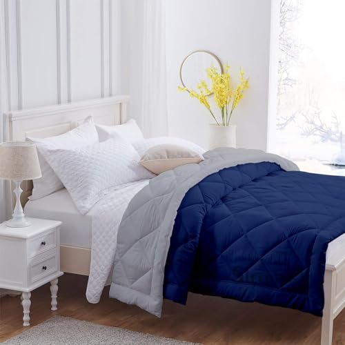 Image of 600 GSM Heavy Winter Double Bed Comforter | Microfiber, Breathable, Reversible,Soft, Lightweight & Machine Washable Comforter for Double Bed 90x100 Inch - Navy BlueSilver