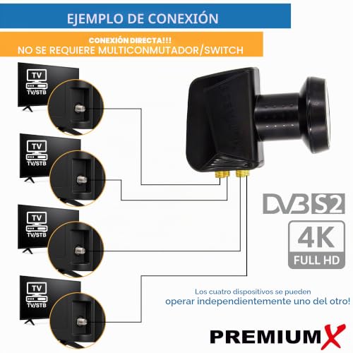 Miniatura 6 de Premiumx Quad Lnb Para 4 Usuarios: Convertidor De Señal De Tv Con Protección Contra El Clima, Lnb Satélite Digital En Negro Con 8 Conectores F Incluidos. Compatible Con Dvb-S2 8k Uhd 4k Full Hd