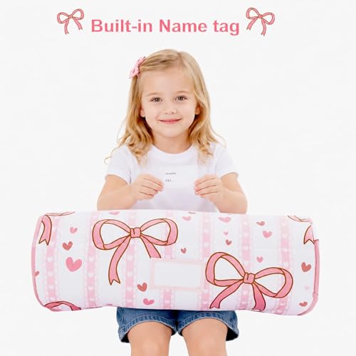 Image of Viviland Toddler Nap Mat, Rolled Sleeping Mats with Pillow and Minky Dot Blanket for Girls, Kids Slumber Bag Nap Mat for Preschool, Daycare, Kindergarten, Travel Camping - Pink Bow